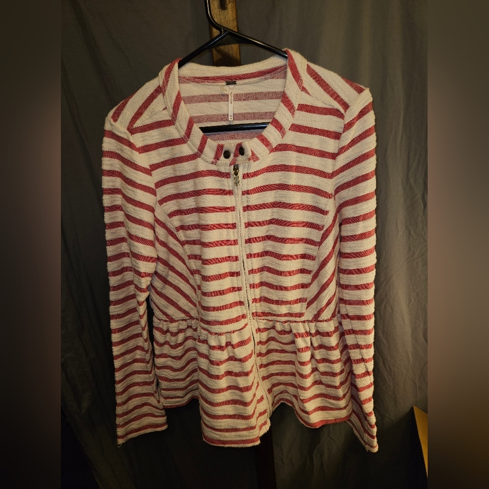 FreePeople Movement Red and White Striped Zip-Up Cardigan